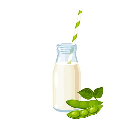 Dairy-free soy milk bottle with straw, green soybean pod with leaves. Vector illustration cartoon flat icon isolated on white.のイラスト素材
