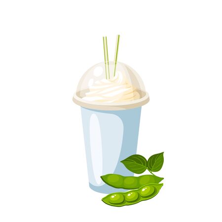 Dairy-free soy milk ice cream, green soybean pod with leaves. Vector illustration cartoon flat icon isolated on white.のイラスト素材