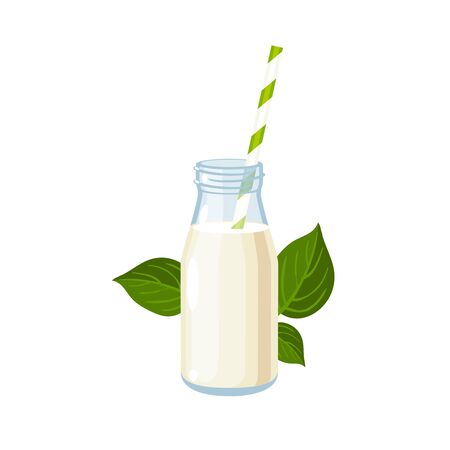 Dairy-free vegan milk bottle with straw. Vector illustration cartoon flat icon isolated on white.のイラスト素材