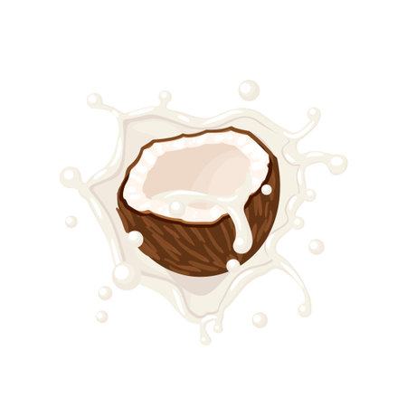 Coconut in milk splash. Vector illustration cartoon flat icon isolated on white.のイラスト素材