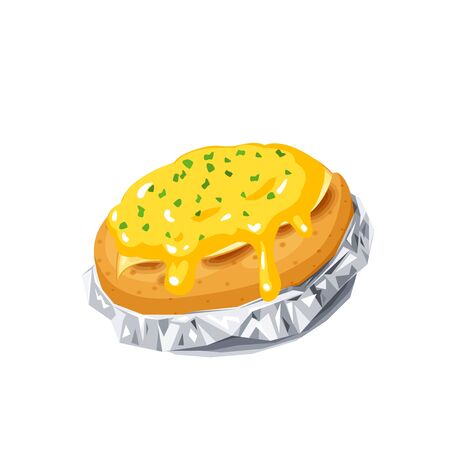 Baked potatoes with cheese and herbs in foil. Vector illustration flat cartoon icon isolated on white.のイラスト素材