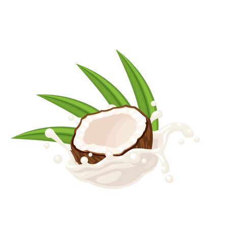Coconut in milk splash, half fruit and leaves. Vector illustration cartoon flat icon isolated on white.のイラスト素材