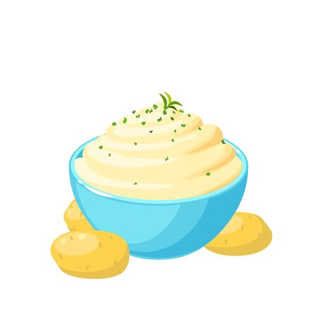 Unpeeled tubers and bowl of mashed potatoes. Vector illustration cartoon flat icon isolated on white background.のイラスト素材