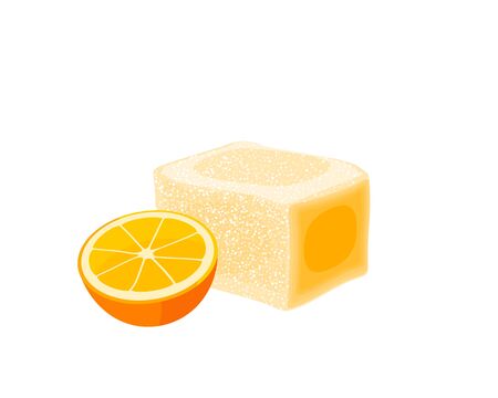 Turkish delight, lokum. Traditional oriental sweet candy with orange. Vector illustration cartoon icon isolated on white.のイラスト素材