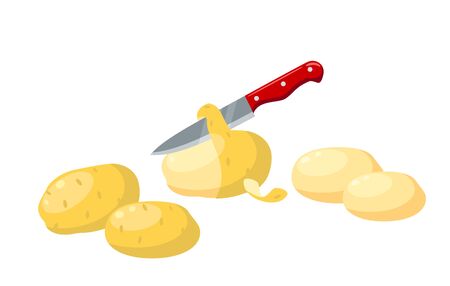 Preparation stages for cooking potato. Peeling by knife, unpeeled and peeled tubers, vector illustration flat cartoon icon set isolated on white.のイラスト素材