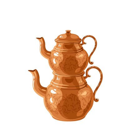 Traditional Turkish two-tier copper teapot kettle. Vector illustration cartoon flat icon isolated on white.のイラスト素材