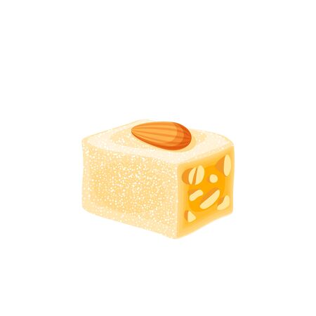 Turkish delight, lokum. Traditional oriental sweet candy with almond. Vector illustration cartoon icon isolated on white.のイラスト素材