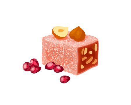 Turkish delight, lokum. Traditional oriental sweet candy with hazelnut. Vector illustration cartoon icon isolated on white.のイラスト素材