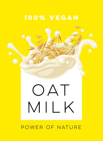 Dairy-free vegan oat milk, template for packaging label design. Vector illustration cartoon flat icon isolated on yellow.のイラスト素材