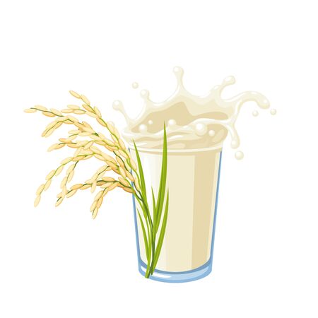 Dairy-free vegan rice milk glass and rice spike, stem with leaves. Vector illustration cartoon flat icon isolated on white.のイラスト素材