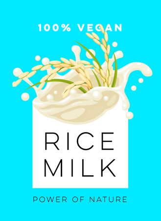 Dairy-free vegan rice milk, template for packaging label design. Vector illustration cartoon flat icon isolated on blue.のイラスト素材