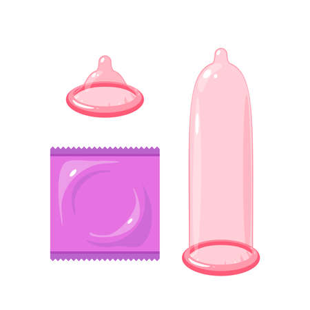 Methods of birth control and disease prevention: pink latex condom. Vector illustration cartoon flat icon isolated on white background.のイラスト素材