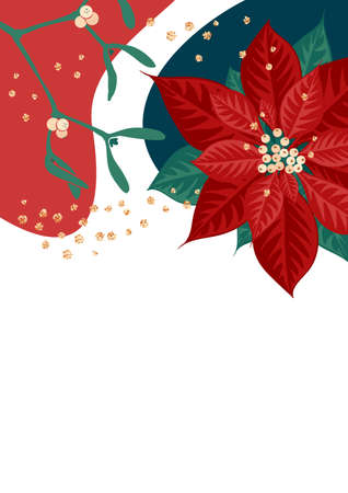 Poinsettia flower and mistletoe branch with berries on color background. Template for christmas greeting card, party invitation design. Vector illustration flat cartoon isolated icon.のイラスト素材
