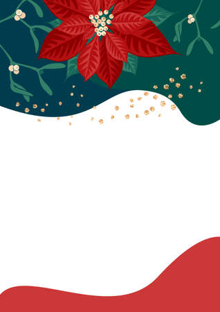 Poinsettia flower and mistletoe branch with berries on color background. Template for christmas greeting card, party invitation design. Vector illustration flat cartoon isolated icon.のイラスト素材