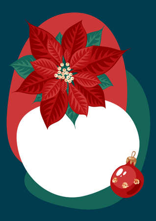 Poinsettia flower and xmas ball on color background. Template for christmas greeting card, party invitation design. Vector illustration flat cartoon isolated icon.のイラスト素材