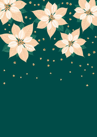 Poinsettia flowers on green background. Template for christmas greeting card, party invitation design. Vector illustration flat cartoon isolated icon.のイラスト素材