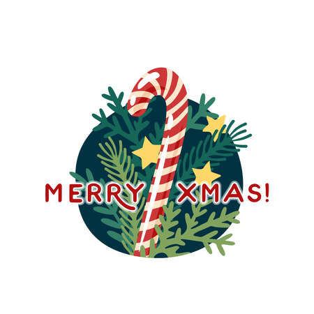 Merry christmas greeting card with candy cane. Vector illustration flat cartoon icon isolated on white background.のイラスト素材