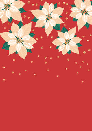 Poinsettia flowers on red background. Template for christmas greeting card, party invitation design. Vector illustration flat cartoon isolated icon.のイラスト素材
