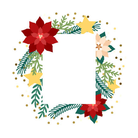 Frame poinsettia flower, stars and firtree branches. Template for christmas greeting card, party invitation design. Vector illustration flat cartoon.のイラスト素材