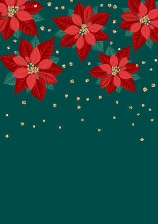 Poinsettia flowers on green background. Template for christmas greeting card, party invitation design. Vector illustration flat cartoon isolated icon.のイラスト素材
