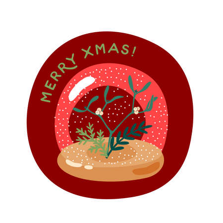 Mistletoe branch with berries in snow globe. Merry christmas greeting card. Vector illustration flat cartoon icon isolated on white background.のイラスト素材
