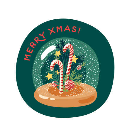 Xmas candy cane in snow globe. Merry christmas greeting card. Vector illustration flat cartoon icon isolated on white background.のイラスト素材