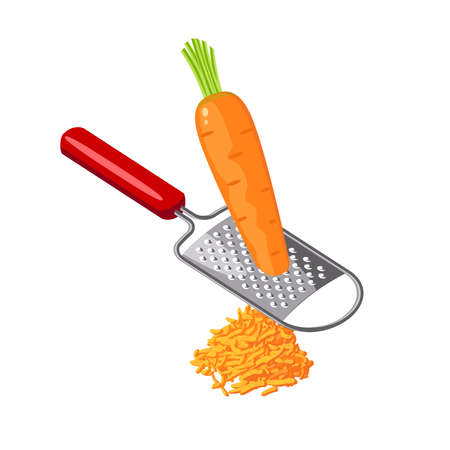 Grate carrot with grater. Healthy food preparation. Vector illustration cartoon flat icon isolated on white background.のイラスト素材