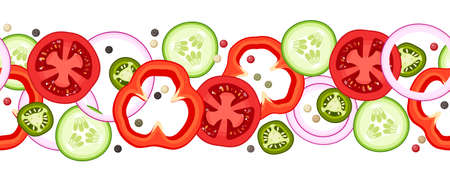 Seamless horizontal border background of sliced vegetables, ingredients for burger or salad. Vector illustration cartoon flat icons composition.のイラスト素材