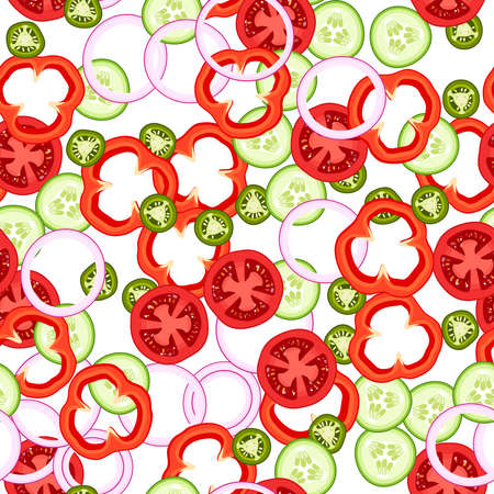 Seamless background of sliced vegetables, ingredients for burger or salad. Vector illustration cartoon flat icons composition.のイラスト素材