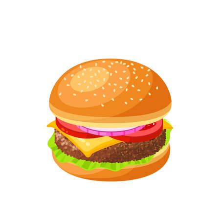 Cheeseburger, hamburger. Vector illustration cartoon flat icon isolated on white.のイラスト素材