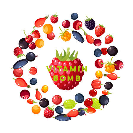 Circular frame of berries collection background: cherry, rosehip, strawberry, acai, raspberry, cranberry, blueberry, goji, blackberry, currant, honeysuckle. Vector illustration flat icon set poster.のイラスト素材