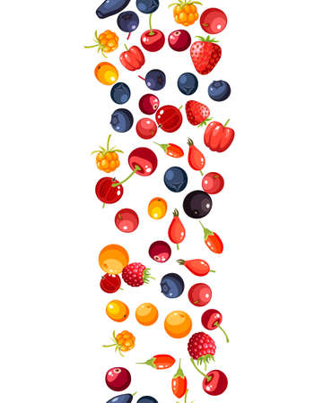 Single berries collection vertical seamless texture background: cherry, rosehip, strawberry, acai, raspberry, cranberry, blueberry, goji, blackberry. Vector illustration flat icon set, isolated.のイラスト素材