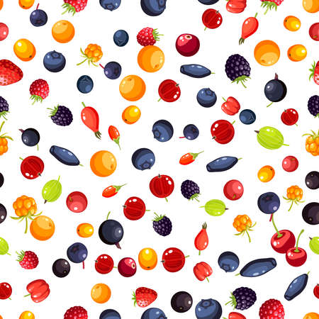 Single berries collection seamless background: cherry, rosehip, strawberry, acai, raspberry, cranberry, blueberry, goji, blackberry, currant, honeysuckle. Vector illustration flat icon set, isolated.のイラスト素材