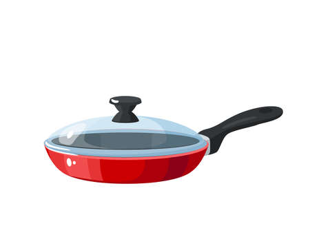 Red frying pan with glass transparent lid. Kitchen utensil.のイラスト素材