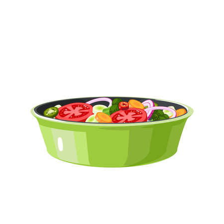 Food preparation. Sliced vegetables in green round baking pan. Kitchen utensil.のイラスト素材