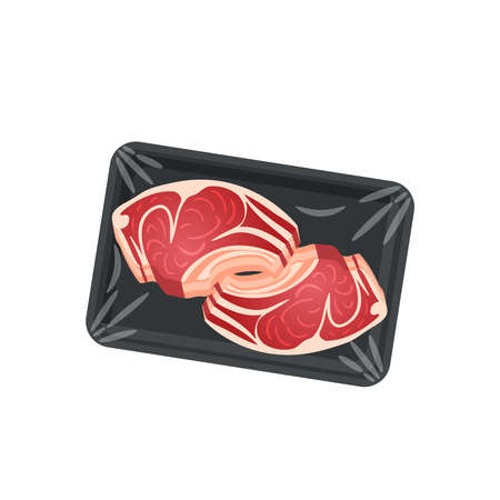 Rib chops on black foam tray, supermarket meat packaging.のイラスト素材