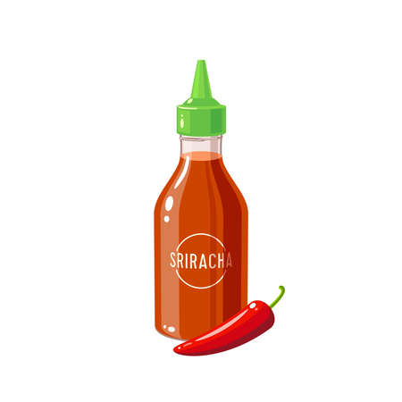 Hot chilli sauce sriracha bottle and pepperのイラスト素材