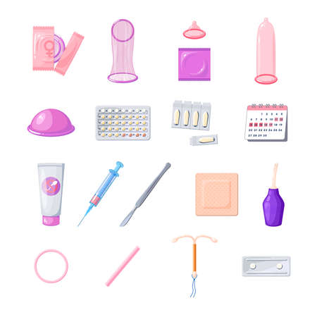 Methods of birth control and disease prevention: condom, pills, spermicide, IUD and other contraceptive. Vector illustration cartoon flat icon set isolated on white background.のイラスト素材