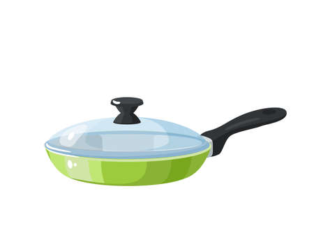 Green frying pan with glass transparent lid. Kitchen utensil. Vector illustration cartoon flat icon isolated on white background.のイラスト素材