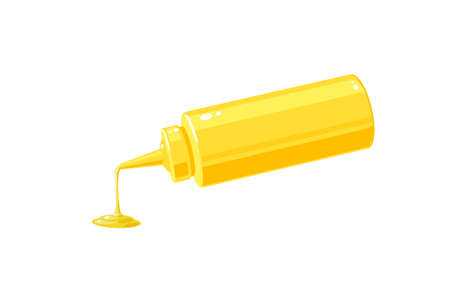 Mustard sauce pouring from squeeze plastic bottle for fast food, vector illustration cartoon icon isolated on white background.のイラスト素材