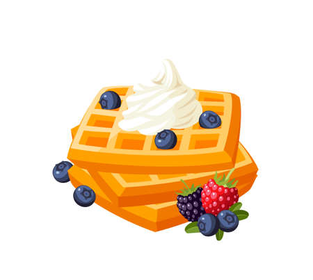 Pile of waffles topped with whipped cream and berries. Vector illustration cartoon flat icon isolated on white background.のイラスト素材