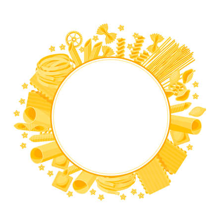 Italian cuisine. Circular frame, rounded by many kinds of pasta. Vector illustration cartoon flat icon isolated on white. Template element for packaging label design.のイラスト素材