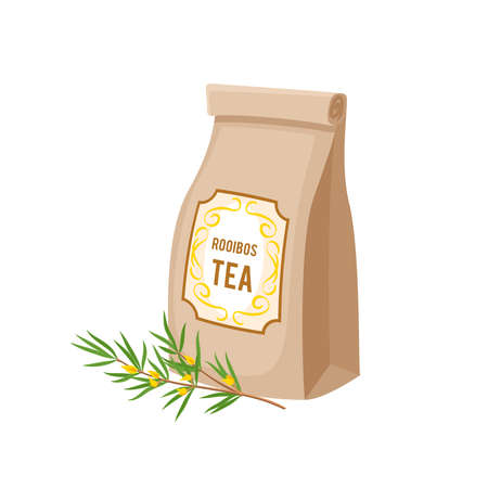 Paper package bag of herbal rooibos tea. Vector illustration cartoon flat icon isolated on white background.のイラスト素材