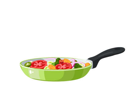 Food preparation. Sliced vegetables in green frying pan. Kitchen utensil. Vector illustration cartoon flat icon isolated on white background.のイラスト素材