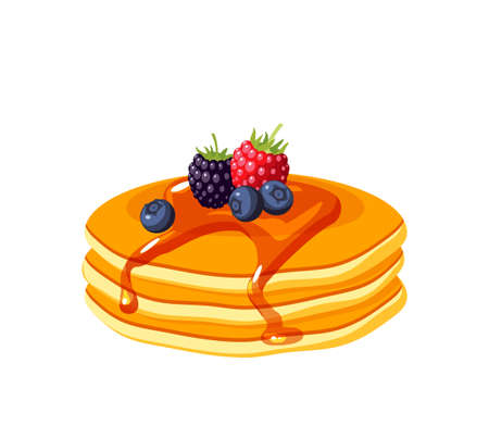 Pile of pancakes with berries and maple syrup. Vector illustration cartoon flat icon isolated on white background.のイラスト素材