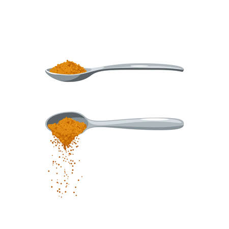 Teaspoon pouring brown cane sugar. Vector illustration flat cartoon icon isolated on white background.のイラスト素材