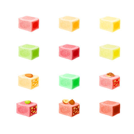 Turkish delight set, lokum collection. Traditional oriental sweet candy. Vector illustration cartoon icon isolated on white.のイラスト素材