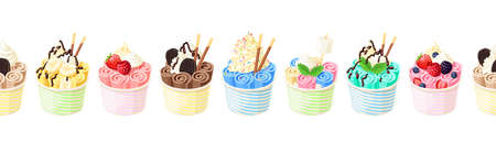 Collection of baskets of colorful stir fried ice cream rolls. Seamless horizontal background. Design template for promo, menu, flyer. Vector illustration cartoon flat icon set on white.のイラスト素材
