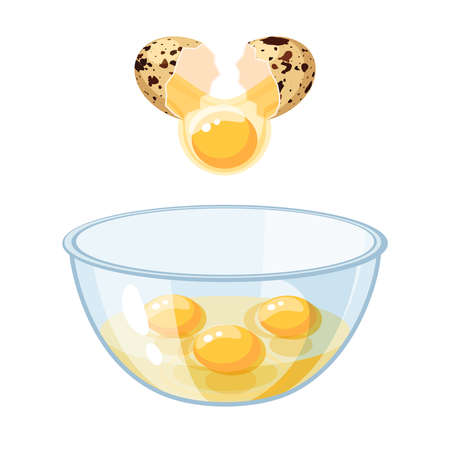 Break quail spotted shell egg and pour into a bowl. Vector illustration flat icon isolated on white background.のイラスト素材