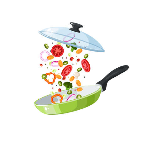 Food preparation. Sliced vegetables in green frying pan with glass transparent lid. Kitchen utensil. Vector illustration cartoon flat icon isolated on white background.のイラスト素材